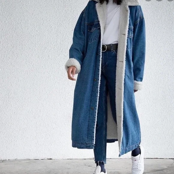 Denim sherpa jacket long on sale